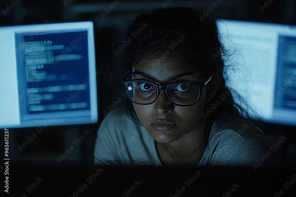 Poster young female stock engineer working on a computer in a technological office. young indian specialist