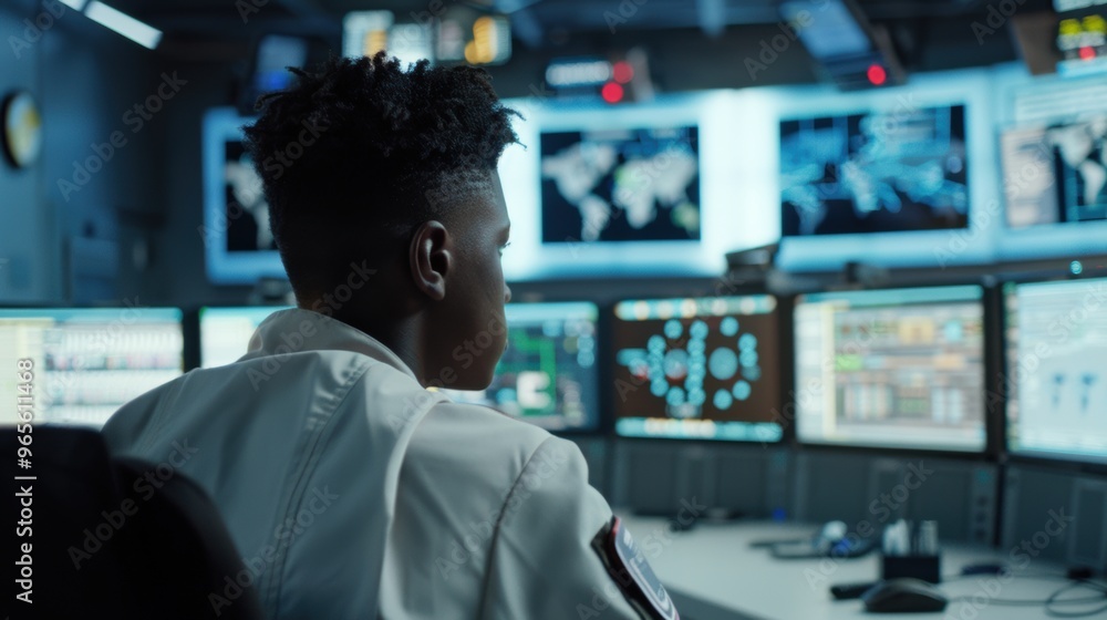 Poster a young african man faces a computer screen inside a large high-tech command center.