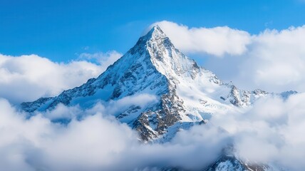 A snowy mountain peak with clouds swirling around, creating a majestic winter scene
