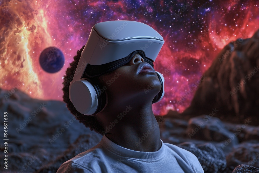 Poster using a vr headset, a boy is immersed in a surreal world and virtual reality, surrounded by fields o