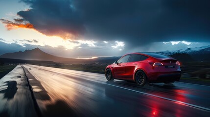 A sleek red car drives along a wet road under a dramatic sky at sunset.