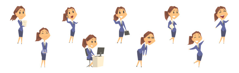 Businesswoman Character in Formal Wear in Various Pose Vector Set