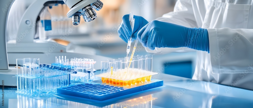 Poster scientist working in laboratory with pipette and test tubes.