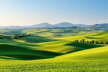 Obraz premium A wide shot of rolling hills and farmland at sunrise, with soft light illuminating the landscape