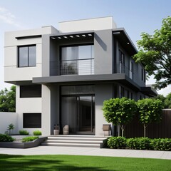 Modern luxury house with a well-manicured lawn..