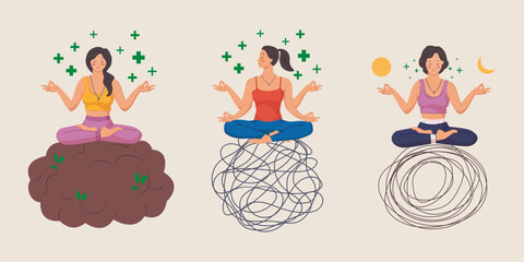 Collection of woman meditate with positive thoughts. Concept illustration for yoga, meditation, relax, recreation, healthy lifestyle. Vector illustration in flat cartoon style