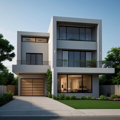 Modern luxury house with a well-manicured lawn..