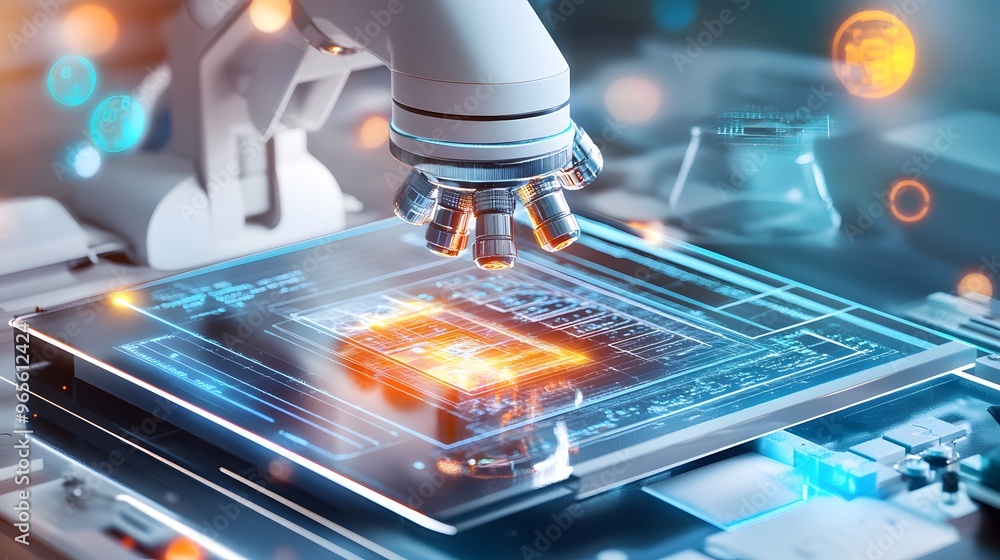 Poster microscope examining a digital circuit board.