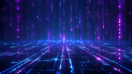 Fototapeta premium A vibrant digital landscape featuring luminous lines and particles in blue and purple, creating a futuristic atmosphere. Stage for product presentation.