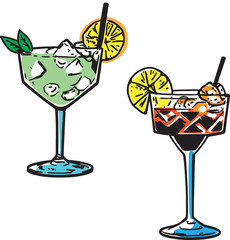 cocktails with beautiful glass glasses with a straw and lemon. beautiful icons alcohol cocktail to insert into a banner or website as a graphic resource a drink for a bar or a cocktail party. Vector