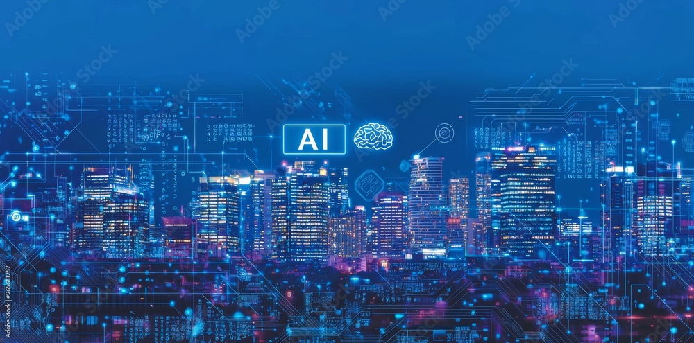 Poster array of futuristic technologies with icons and the new york skyline