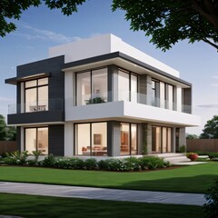 Fototapeta premium Modern luxury house with a well-manicured lawn..