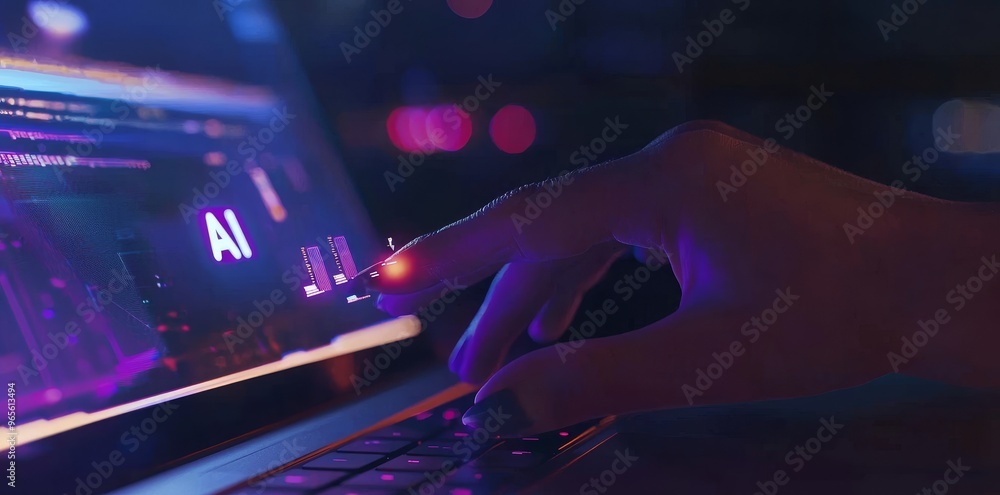 Poster an ai stock image of a business man who uses ai technology to analyze data, code computer languages 