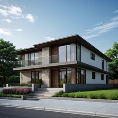 Fototapeta premium Modern luxury house with a well-manicured lawn..