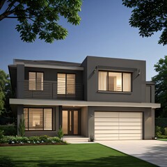 Modern luxury house with a well-manicured lawn..