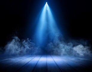 Illuminated stage with scenic lights and smoke. blue spotlight with smoke