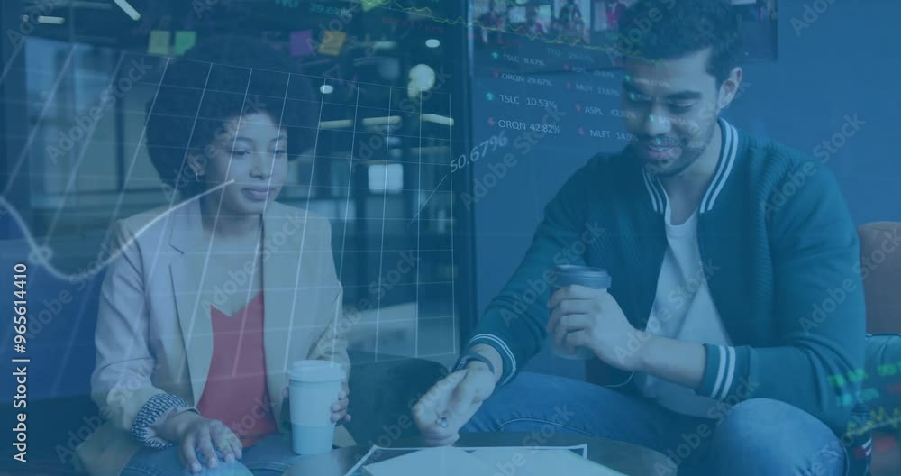 Poster animation of financial data processing over diverse colleagues discussing work in office