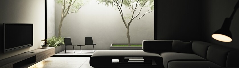 A modern and spacious living room with a minimalist design.	
