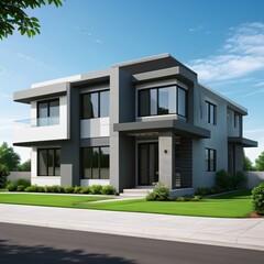 Modern luxury house with a well-manicured lawn..