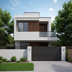 Modern luxury house with a well-manicured lawn..