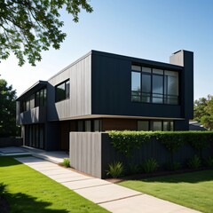 Modern luxury house with a well-manicured lawn..