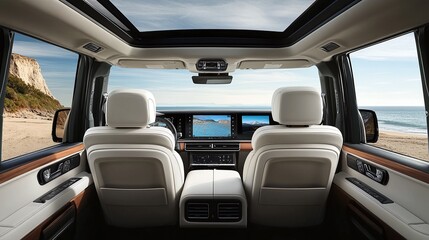The SUV has a large rear space, three seats, all-white leather interior, center console and flat-panel touch screens on both sides, a head-up display above one screen