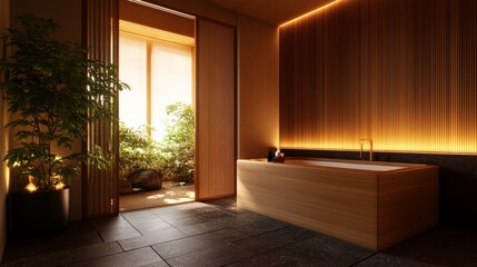 Serene minimalist bathroom with wooden tub, soft lighting, and outdoor garden view, perfect for relaxation and tranquility.