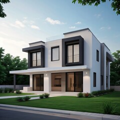 Modern luxury house with a well-manicured lawn..