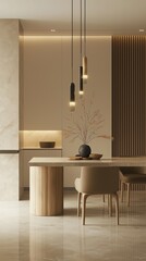 A modern kitchen and dining room with a minimalist aesthetic.	
