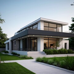 Fototapeta premium Modern luxury house with a well-manicured lawn..