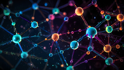abstract background of interconnected molecules in vibrant, neon colors, with particles floating in a dark space