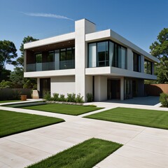 Modern luxury house with a well-manicured lawn..