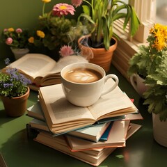 Plants in flowerpots and cup of coffee on books on green background