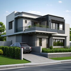 Modern luxury house with a well-manicured lawn..