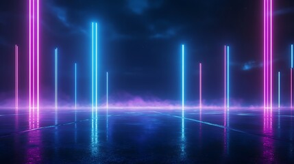 Fototapeta premium A vibrant futuristic landscape featuring illuminated neon pillars reflecting on a wet surface, evoking a sci-fi atmosphere. Stage for product presentation.