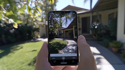 Tourist taking photo of painted ladies victorian houses using smartphone in san francisco