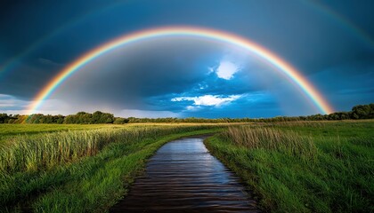 Naklejka premium Bright rainbow over a rural landscape after a rainstorm, colorful weather, hope and renewal