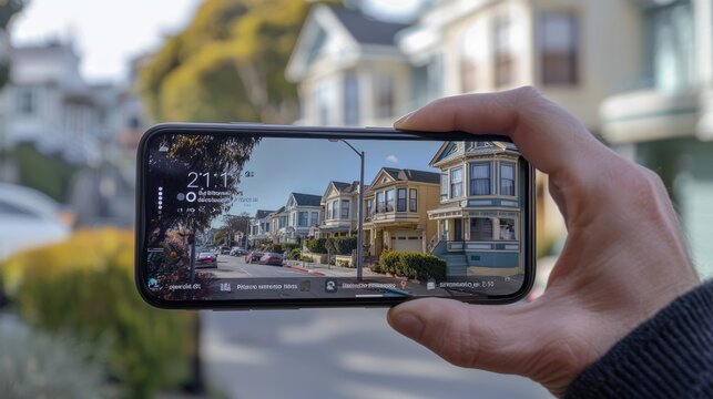 Tourist taking photo of painted ladies victorian houses using smartphone in san francisco