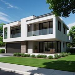 Fototapeta premium Modern luxury house with a well-manicured lawn..