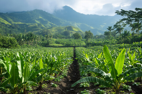 banana plantation in asia, indonesia, banana tree farm