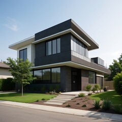 Modern luxury house with a well-manicured lawn..