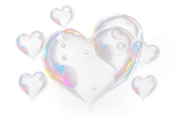 Beautiful Colorful Soap Bubbles with Heart Forms on Transparent Background
