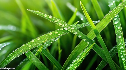 Dew on grass blades glistening in the morning sun, fresh weather, nature awakening