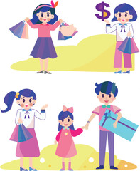Happy Family Shopping. Father, Mother and Little Kids.Female Character holding shopping bags vector illustration