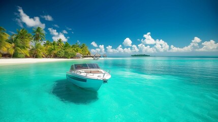 Fototapeta premium A white speedboat is anchored in crystal-clear turquoise sea, just off the coast of a secluded island.