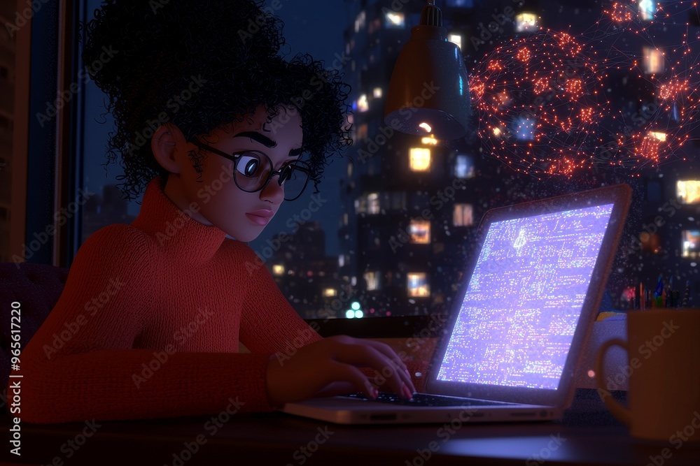 Poster a little black girl works with a neural network at a computer. modern technologies and stock.