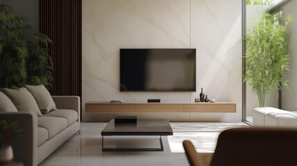 A modern and spacious living room with a minimalist design.	
