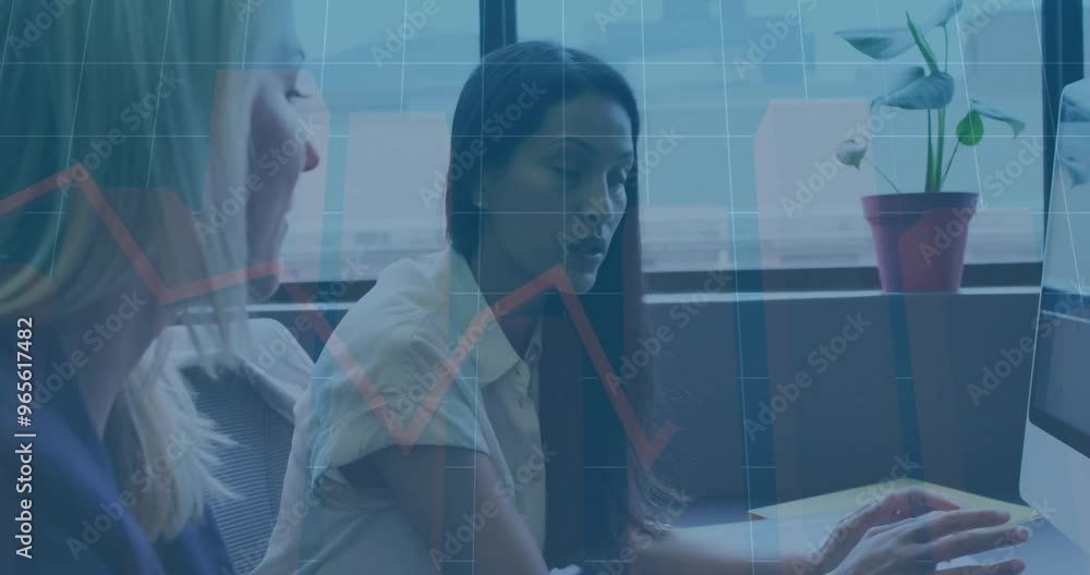 Poster animation of financial data processing over diverse colleagues discussing work in office