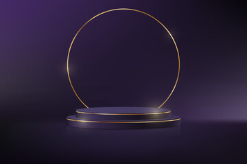 Dark purple background vector 3d with purple and gold podium. 3D abstract studio room with pedestal podium. Space for selling products on the website. Product display background. Vector illustration.