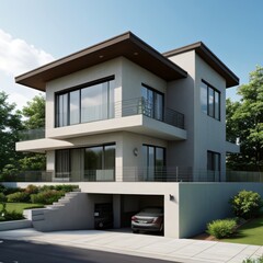 Fototapeta premium Modern luxury house with a well-manicured lawn..